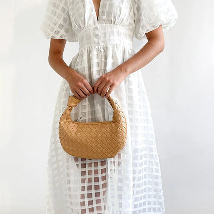 Onbely Robe Mi-Longue à Carreaux avec Col en V et Manches Bouffantes