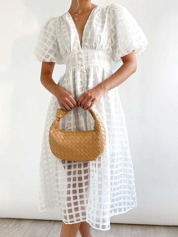 Onbely Robe Mi-Longue à Carreaux avec Col en V et Manches Bouffantes