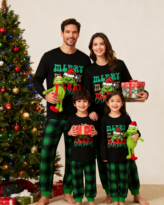 Pyjamas de Noël familiaux à carreaux verts Grinch Delight