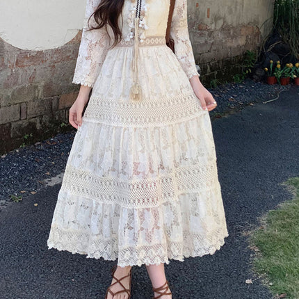 Onbely robe longue bohème à broderie anglaise avec pompons et manches évasées pour plage et vacances boho dress