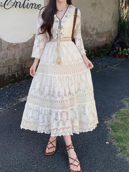 Onbely robe longue bohème à broderie anglaise avec pompons et manches évasées pour plage et vacances
