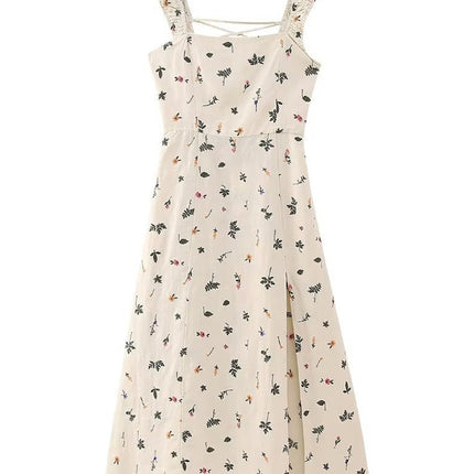 Onbely mi-longue robe fendu le côté lin brodée dos nu bretelle col carré décontracté