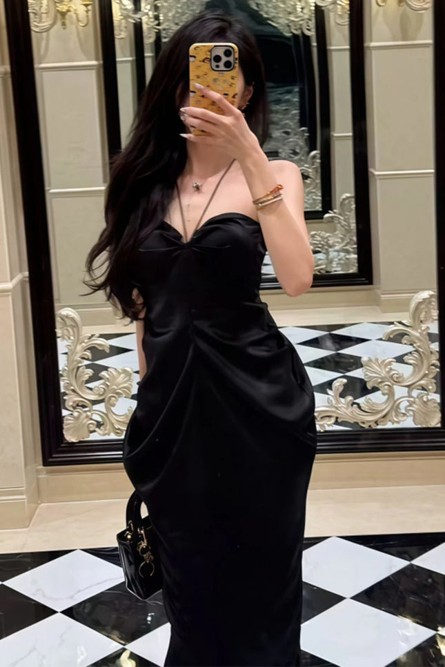 Onbely robe de soirée longue satin dos nu à fines brides mode bal de promo