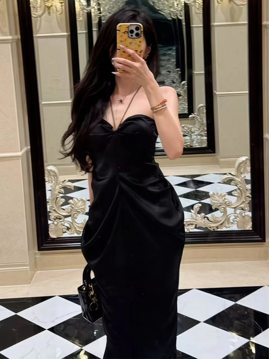 Onbely robe de soirée longue satin dos nu à fines brides mode bal de promo