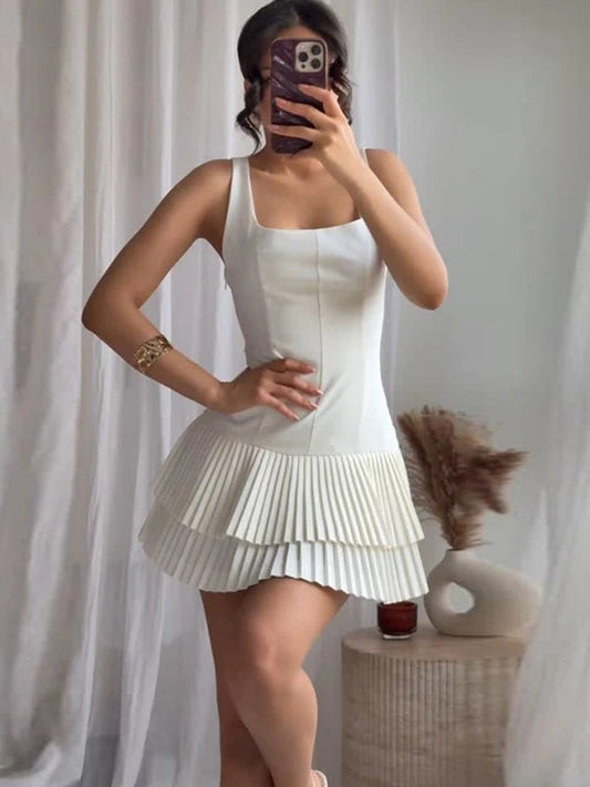 Onbely robe courte plissé bretelle col carré mode