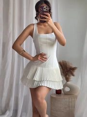 Onbely robe courte plissé bretelle col carré mode