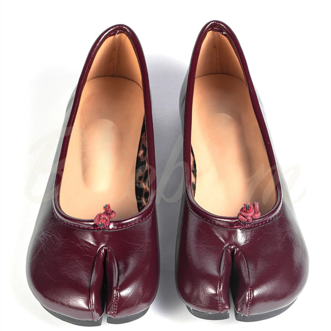 Bordeaux Patent Split Toe Tabi with Leopard Print Details