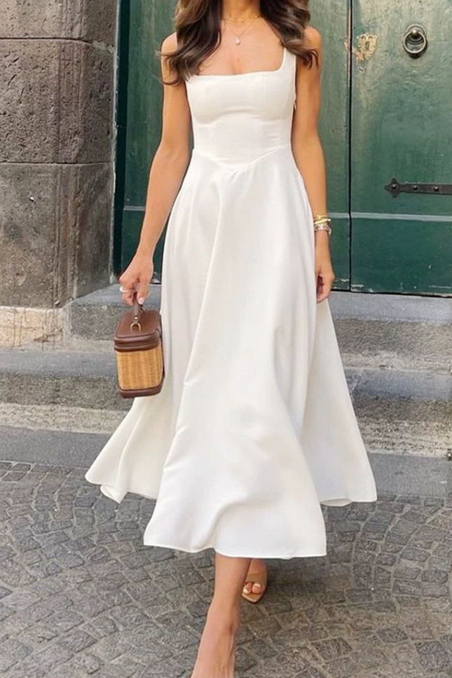 Onbely Robe Midi trapèze col carré simple Élégant Cocktail