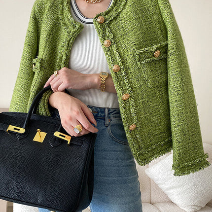 Onbely veste courte en tweed boutonnage avec poches col rond femme mode