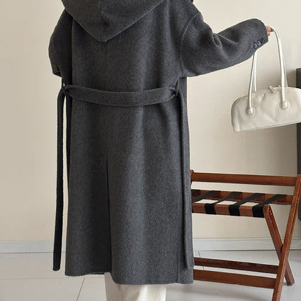 Onbely manteau en laine longue avec poches ceinture à capuche pour femme