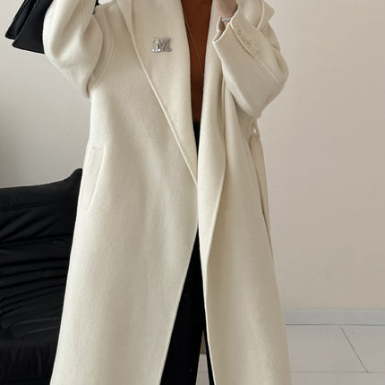 Onbely manteau en laine longue avec poches ceinture à capuche pour femme