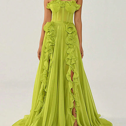 Onbely robe de soirée maxi longue fendue sur le côté à volants bustier vert pour un mariage femme cérémonie