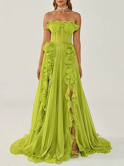 Onbely robe de soirée maxi longue fendue sur le côté à volants bustier vert pour un mariage femme cérémonie