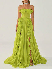 Onbely Green Strapless Ruffled Side Slit Maxi Long Evening Dress for Women Wedding Ceremony