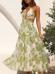 Onbely Tropical Print Triangle Neckline Maxi Dress with Cutouts and Halterneck Straps