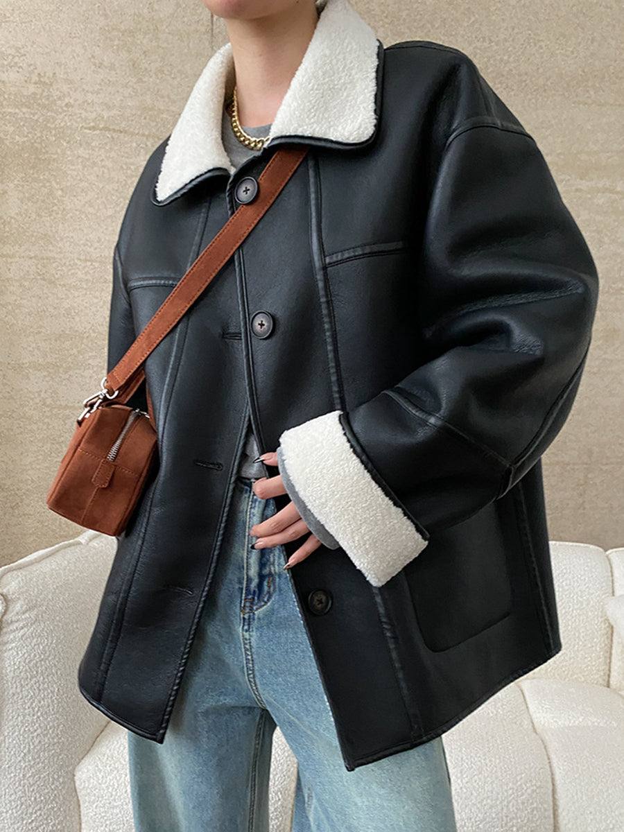 Onbely manteau aviateur simili cuir réversible boutonnage pour femme