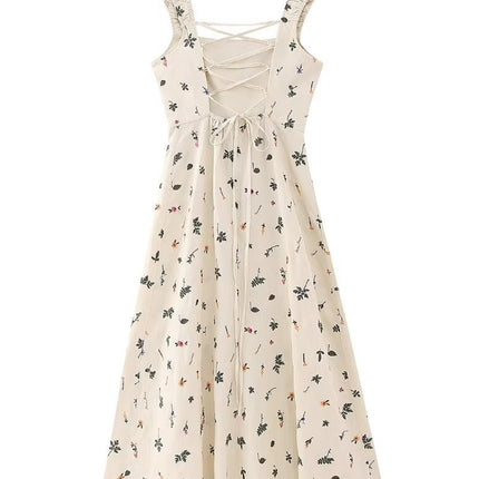 Onbely mi-longue robe fendu le côté lin brodée dos nu bretelle col carré décontracté