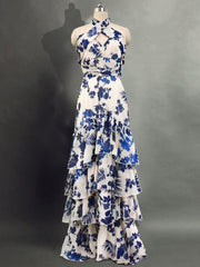 Onbely Elegant Bohemian Floral Print Halter Neck Ruffle Hem Maxi Dress for Holiday Prom