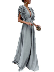 Onbely Long Maxi Evening Dress with Ruffles and Plunging Neckline for Wedding