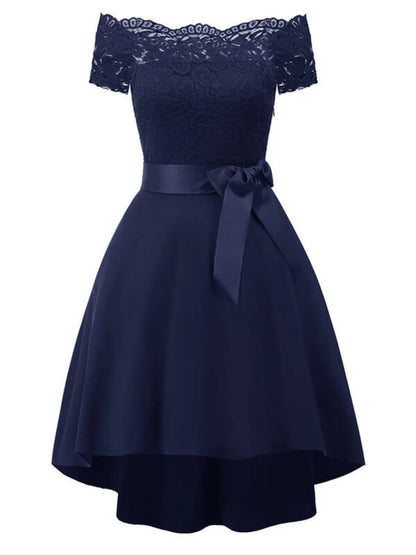 Onbely Robe Midi Vintage en Dentelle Ceinturée à Manches Courtes Cocktail