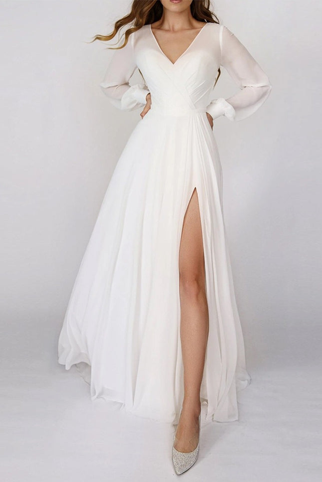 Onbely robe de soirée longue trapèze unicolore mousseline fendu le côté col en V manches longues taille marquée élégant tous les jours cérémonie