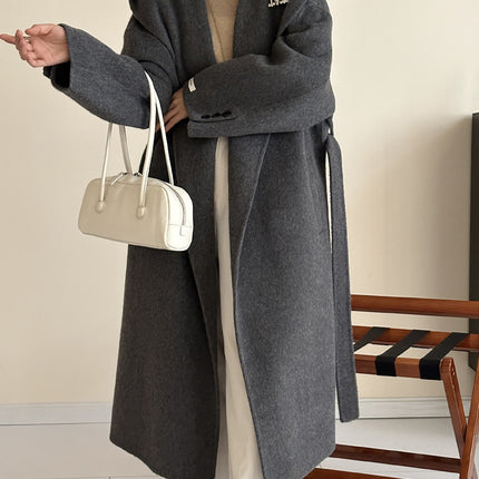 Onbely manteau en laine longue avec poches ceinture à capuche pour femme