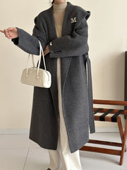 Onbely Women's Long Wool Coat with Pockets Belt Hooded