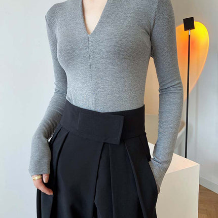 Onbely haut tricot côtelé Col en V manches longues femme