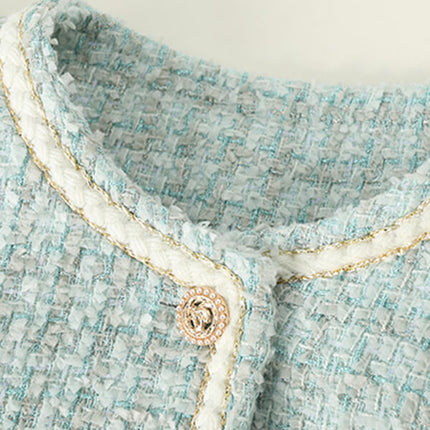 Onbely veste courte en tweed boutonnage avec poches femme élégant bleu