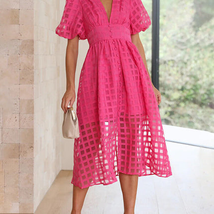 Onbely Robe Mi-Longue à Carreaux avec Col en V et Manches Bouffantes