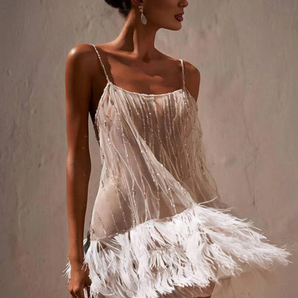 Onbely robe courte en tulle à franges dos nu à fines bretelles sans manches femme élégante de soirée de cocktail