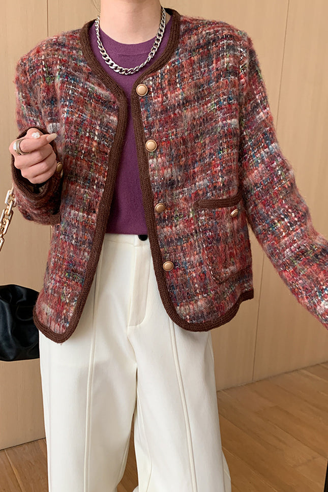 Onbely veste en tweed carreaux liseré contrastant femme rouge élégant noël