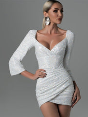 Onbely robe courte moulante unicolore brillante paillette dos nu col en V manches longues cintrée mode bal de promo tous les jours
