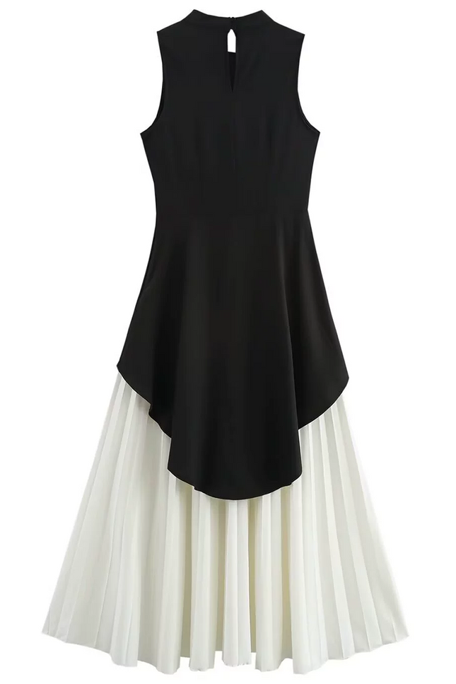 Onbely Robe Midi Bicolore noir et blanc plissé Sans Manches col rond Cocktail