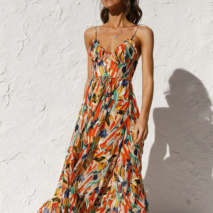 Onbely mi-longue robe imprimé à fleurie dos nu à fines brides col en V doux mode tous les jours vacances boho dress