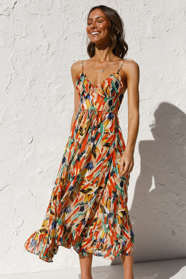 Onbely mi-longue robe imprimé à fleurie dos nu à fines brides col en V doux mode tous les jours vacances boho dress