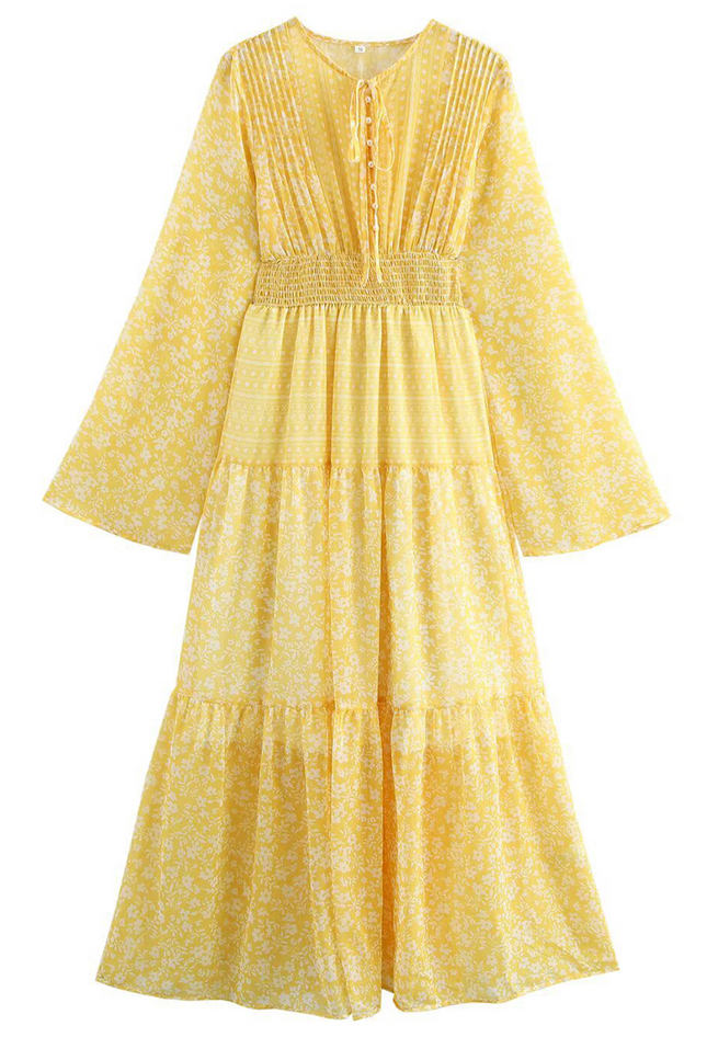Onbely Robe Longue mousseline imprimé à fleurie Manches Longues Jaune boho dress