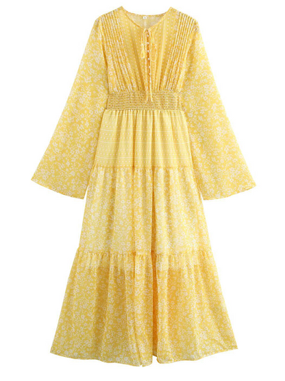 Onbely Robe Longue mousseline imprimé à fleurie Manches Longues Jaune