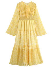 Onbely Robe Longue Bohème Jaune Manches Longues Maxi Fleurie Vintage Chic Col V Plis Taille Élastique Vacances