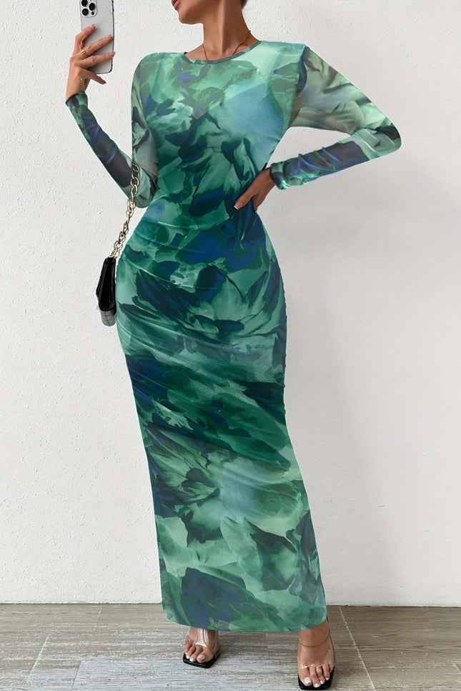 Onbely robe longue moulante tie and dye géométrique col rond manches longues élégant tous les jours