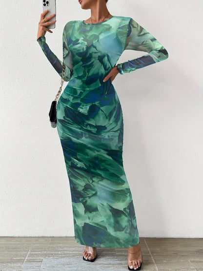 Onbely robe longue moulante tie and dye géométrique col rond manches longues élégant tous les jours
