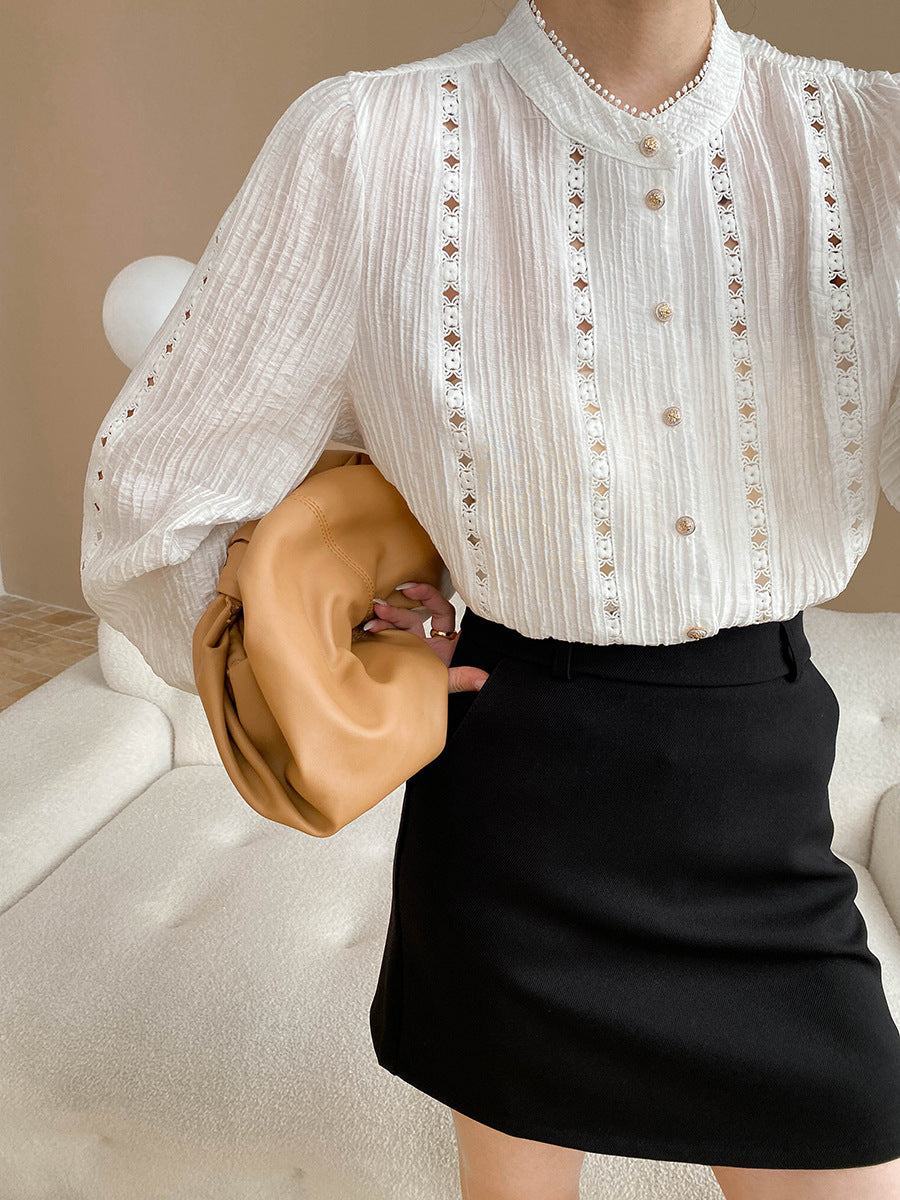 Onbely vintage white hollow shirt with stand-up collar and long sleeves