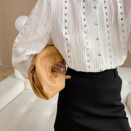 Onbely chemise creuse vintage blanche à col montant et manches longues