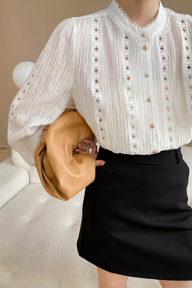 Onbely chemise creuse vintage blanche à col montant et manches longues