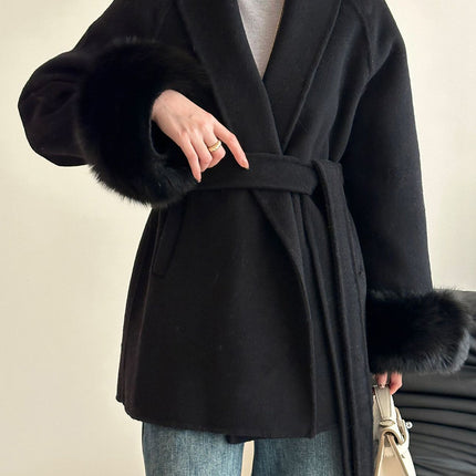 Onbely manteau en laine courte fausse fourrure avec ceinture pour femme