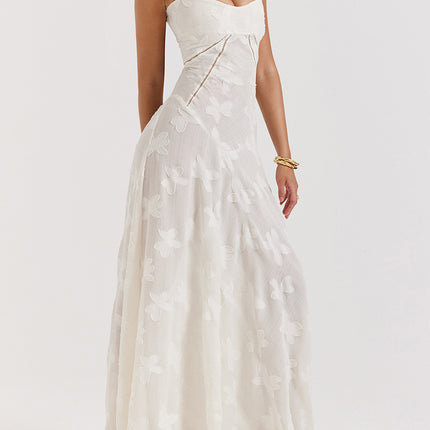 Onbely robe de soirée longue blanche en jacquard élégante à fines brides pour bal de promo ou mariage