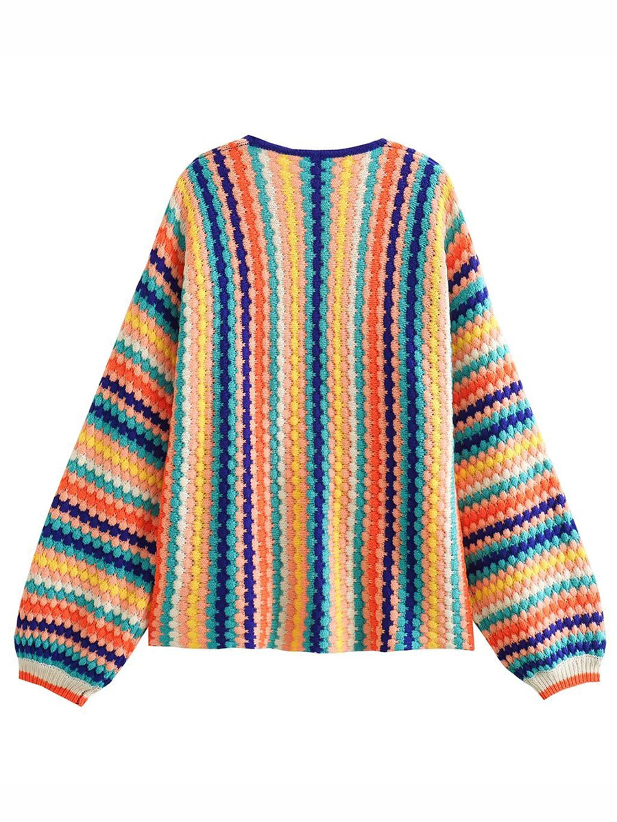 ONBELY Women's Loose Casual Rainbow Striped Cardigan