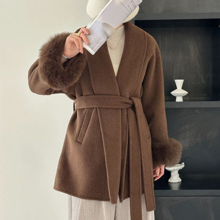 Onbely manteau en laine courte fausse fourrure avec ceinture pour femme