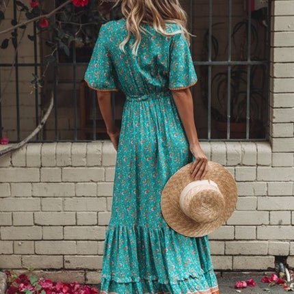 Onbely robe longue fleurs plissé col en V manches courtes bohème vacances plage boho dress