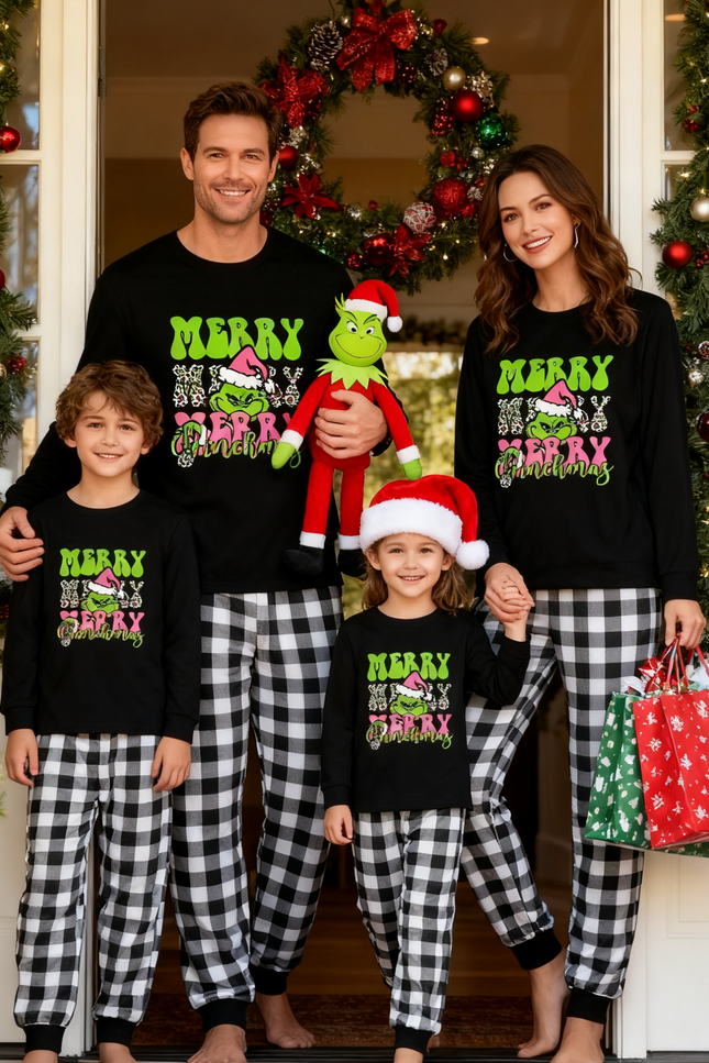 Pyjamas de Noël familiaux à carreaux noirs et blancs Pink Grinch
